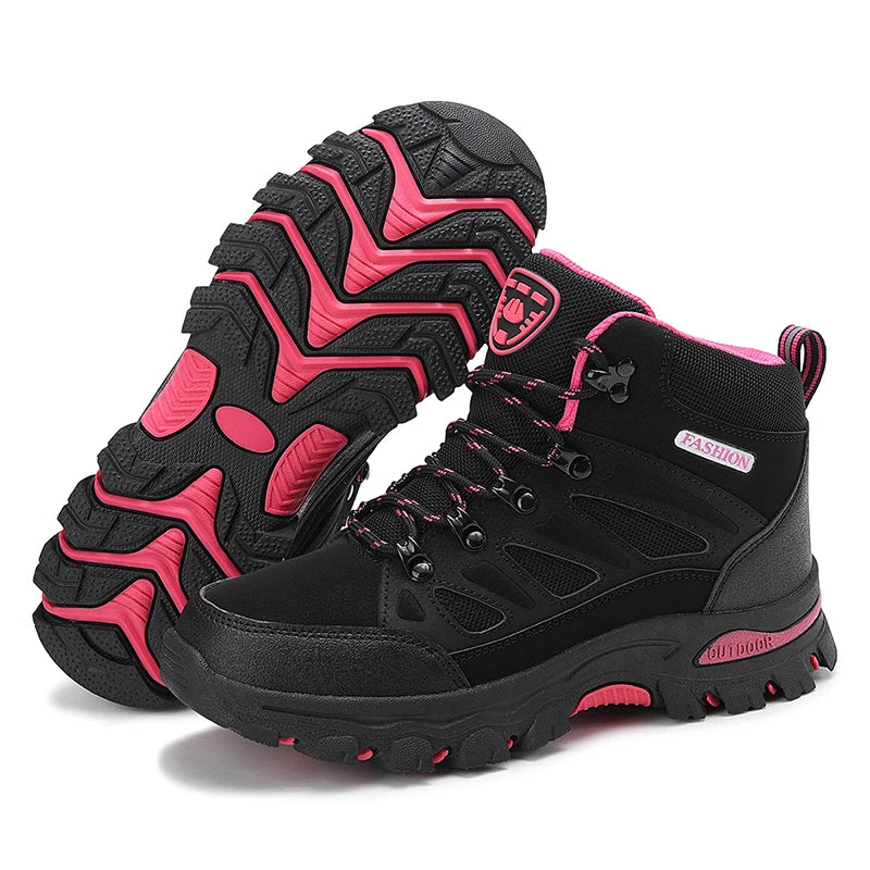 Women's Waterproof Hiking Shoes Non-Slip Trail Trekking Ankle Boots Black/Rose Red 35-42