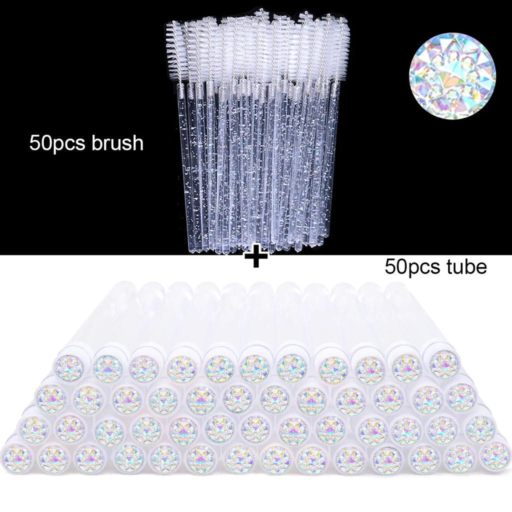 50pcs Lash Brush Mascara Wands with Tube Containers, Crystal Handle Spoolies - Red