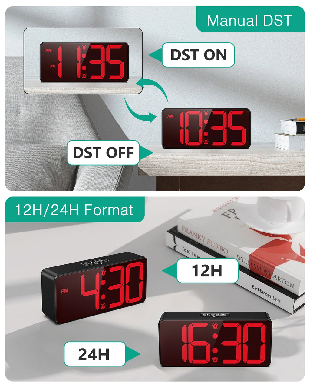 ORIA Digital Alarm Clock Battery Powered LED Alarm Clock Large Display Small Clock With Dual Alarm，DST, Snooze for Home Office