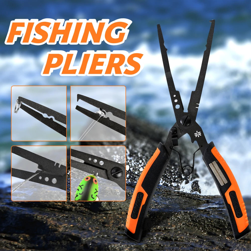 ZUKIBO Multifunction Fishing Pliers Extended version Stainless Steel PTFE Coating Fishing Split Ring Plier with Hook Sharpener