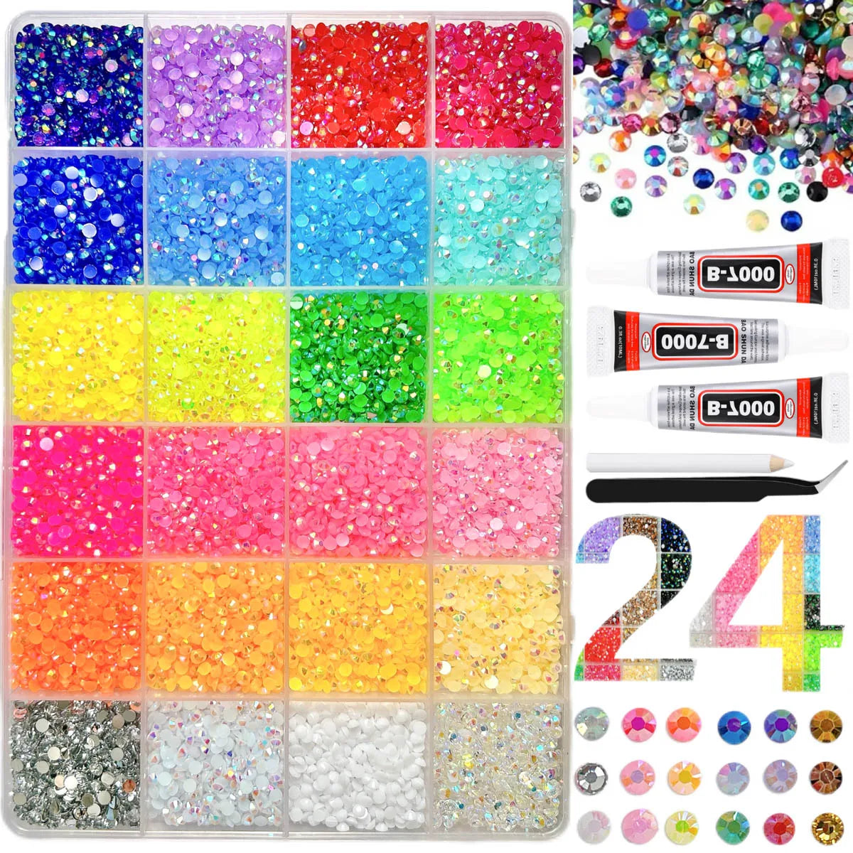 Shiny Flatback Rhinestones Kit with B 7000 Glue Tweezers Picker Pen Perfect for Nail Art,DIY Crafts,Tumbler Decor,Jewelry Pho