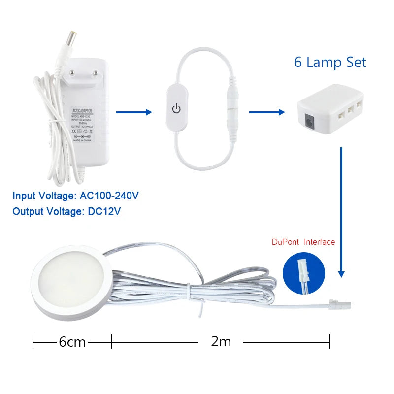 LED Under Cabinet Puck Lights DC12V Touch Dimmable Round 3W/5W Warm/Natural/Cool White Set