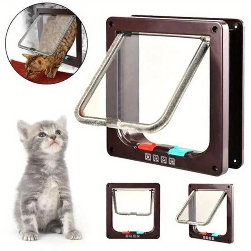 2-Way Cat Door Safety Flap, Plastic Pet Door for Cats, Brown/White, Sizes S/M/L