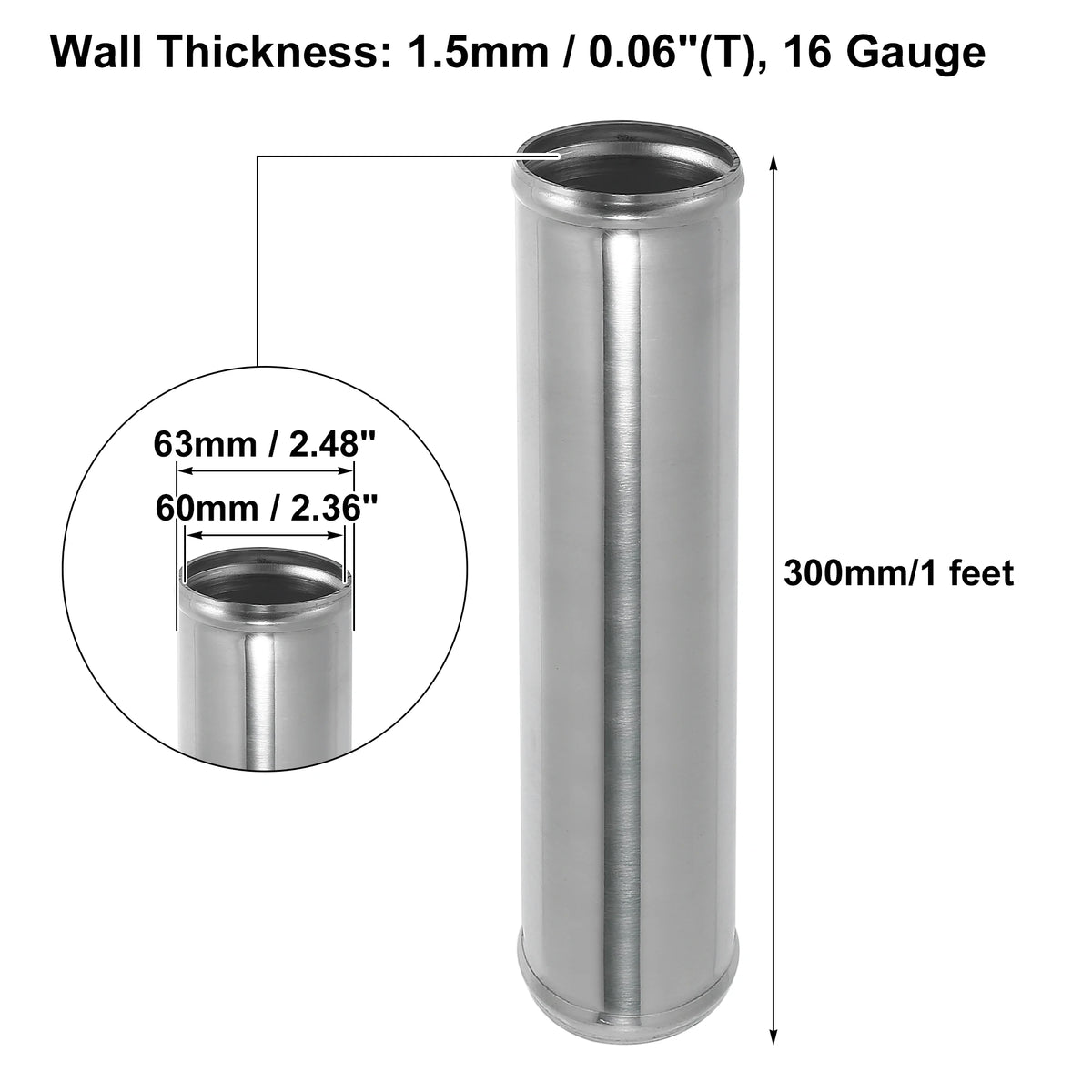 uxcell Aluminum Intercooler Pipe Straight Tube 300mm Length, OD 38mm (ID 33mm)