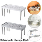 Retractable kitchen cabinet shelf organizer rack for dishes & seasoning bottles, grey/white