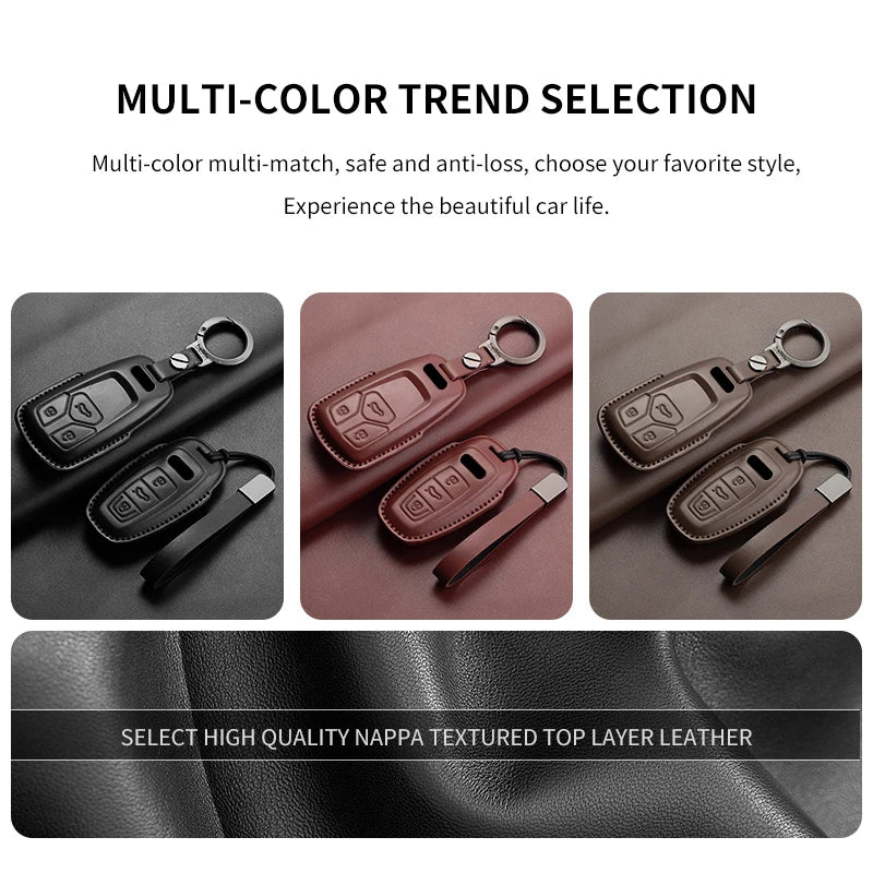 Auto Key Shell Fob For Audi A4 A4L A5 Q5 Q7 TT TTS 8S B9 2016 2017 2018 Leather Car Remote Key Case Cover Keychain Accessories