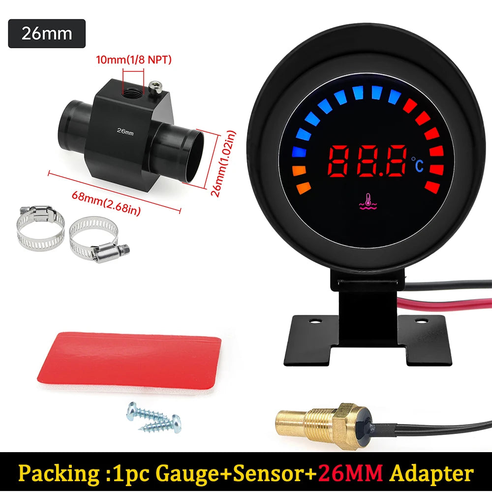 52MM Water Temp Gauge 12~24V LCD Digital Water Thermometer Meter with Sensor + Adapter Joint Pipe Radiator for Car Motorcycle