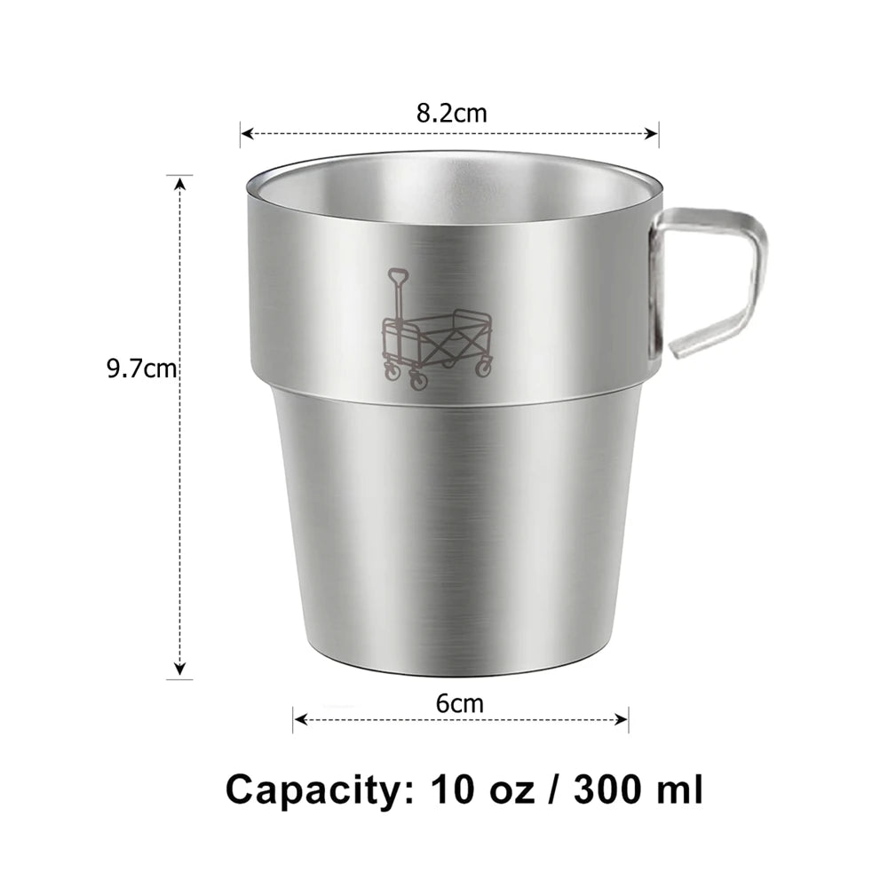 4 Pack Stainless Steel Camping Cups with Handle 10 oz Double Wall Stackable Camping Coffee Mugs with Mesh Bag for Outdoor Travel