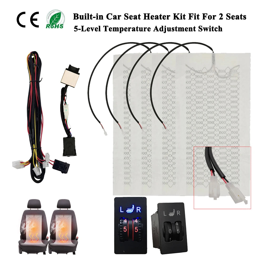 12V Universal Car Seat Heater Kit for 2 Seats, Carbon Fiber Pads, Dual 5-Level Dial Switch