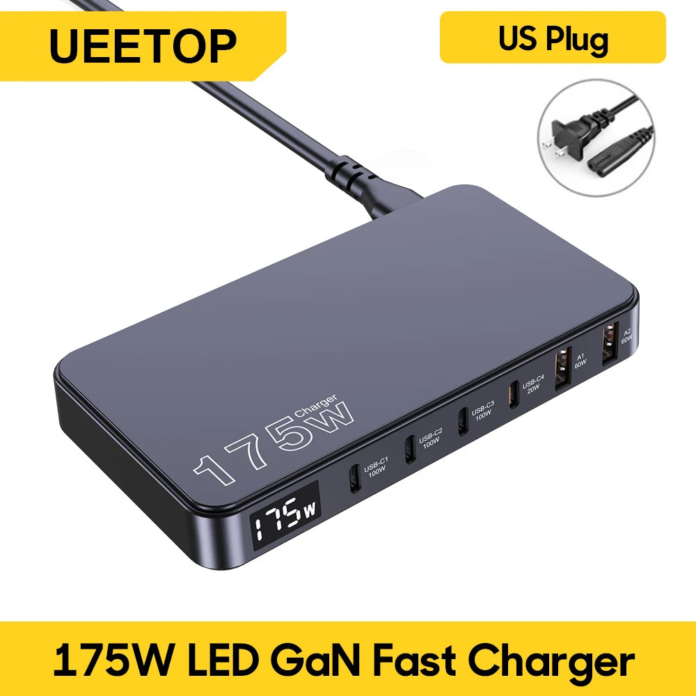 Ueetop 175W GaN USB C Charger LED Display 6-Port Desktop Charger Type C PD 100W PPS 45W Fast Charging for MacBook Samsung iPhone