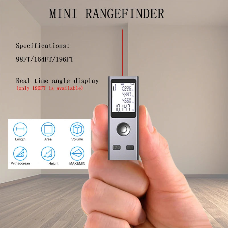 Mini Laser Rangefinder Digital Tape Measure Laser Ruler USB Charge Aluminum Alloy Fuselage Measuring Distance: 30/50/60m