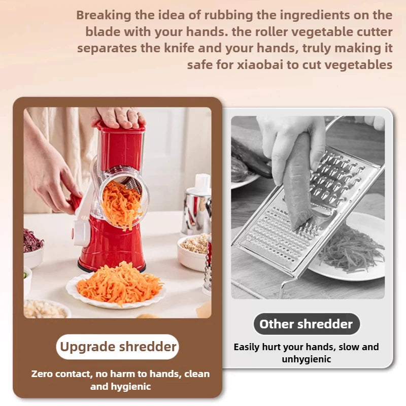 Hot selling 3-in-1 manual vegetable cutting machine with 3 sharp rollers, cheese, potatoes, garlic, kitchen cooking accessories