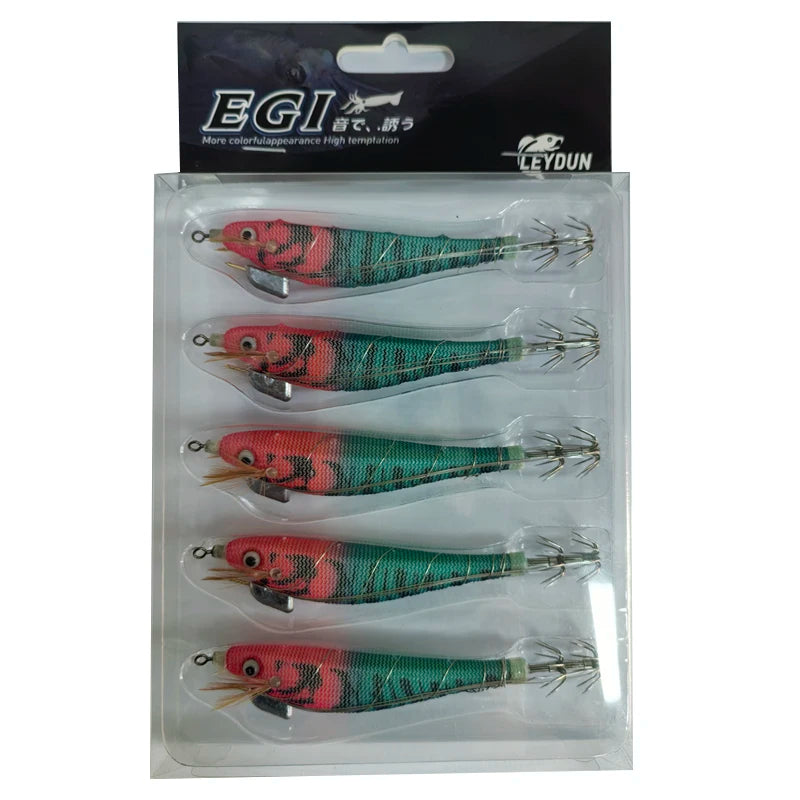 LEYDUN Luminous Squid Jig Wood Shrimp Egi Purple Deep Sea Cuttlefish Hanchi Egi 5pcs/set Fishing Lures Saltwater Baits