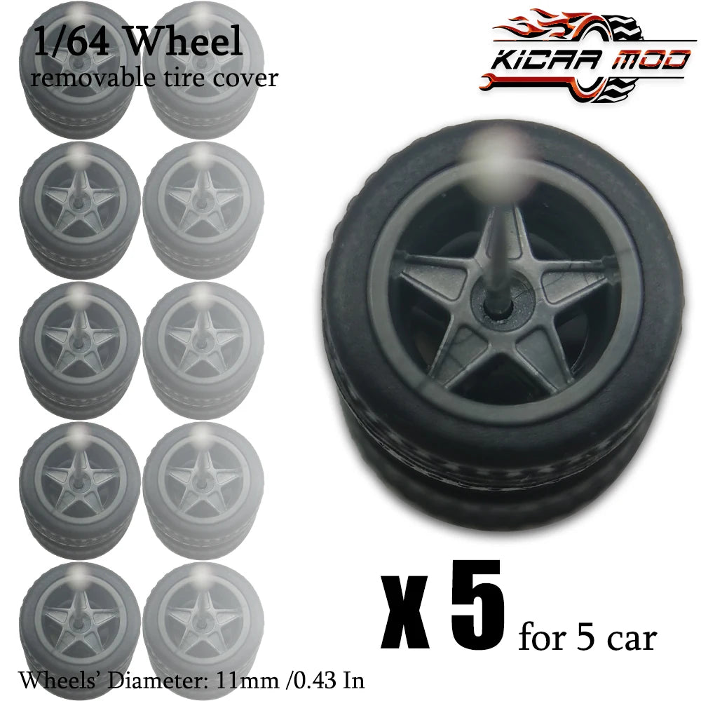 1/64 Wheels with Detachable Rubber Tires Electroplated Color for Toy Model Diecast Cars Refiting Parts for Hotwheels (5 sets)