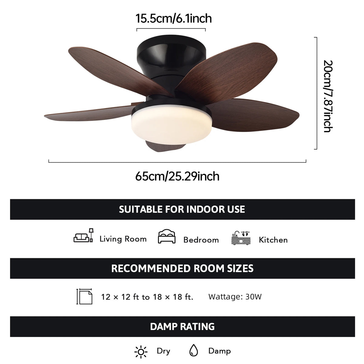 25 inch Ceiling Fans with Lights and Remote,Flush Mount Ceiling Fan,Reversible Quiet DC Motor Low Profile Ceiling Fans For Livin