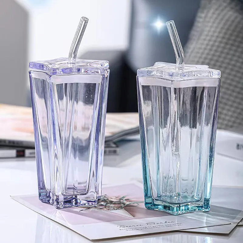 300ml Five-Pointed Star Glass Cup With Straw Color Gradient Cups Cold Drink Cup Coffee With Lid Drinking Cup Drinkware