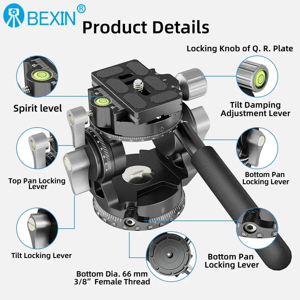 BEXIN New Hollow Video Hydraulic Head -80°+90° Double Panoramic Structure CNC Lightweight Compact Fluid Video Head for Tripod