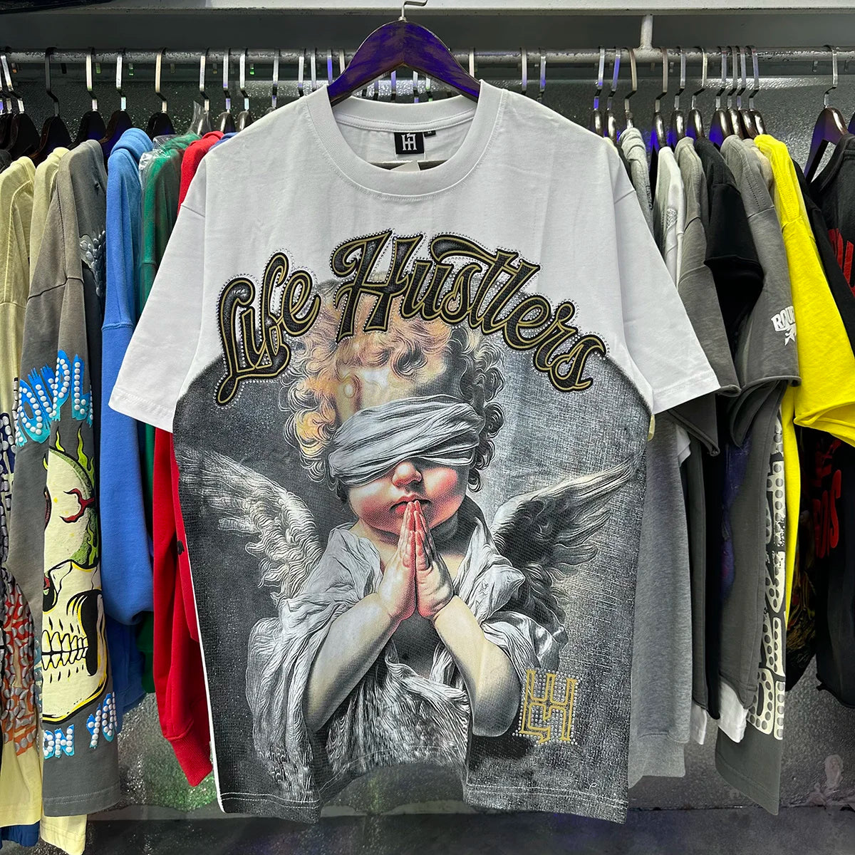 Masked Tattoo Angel Gun Diamond Short Sleeve Tshirts for Men and Women Crew Neck Cotton Summer Top Tees Oversized