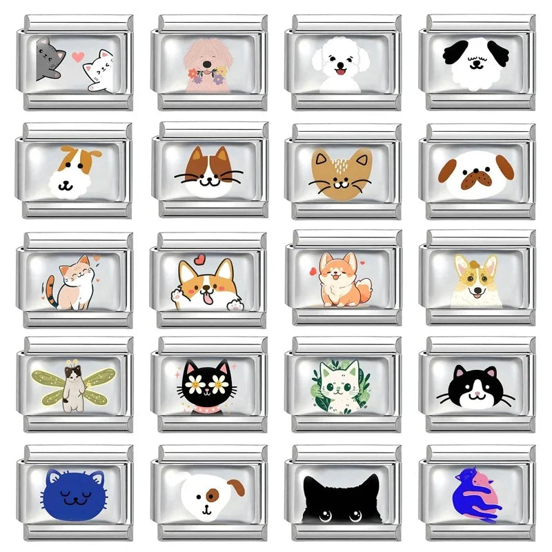 2025 Original Cute Cartoon Colorful Pet Dog Black Cats Italian Charm Links Fit 9mm Stainless Steel Bracelet Men Women DIY Making