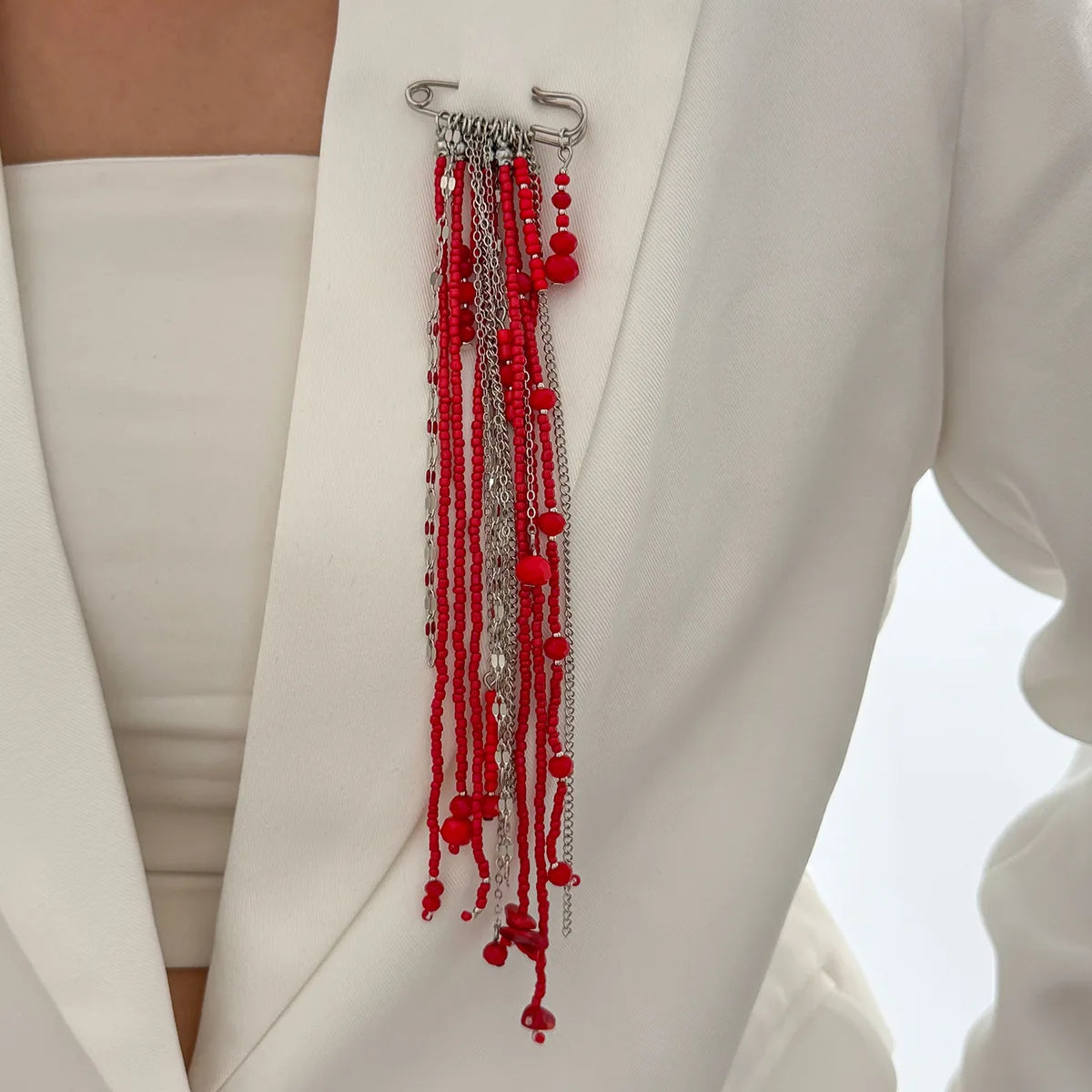 Exaggerated Long Tassel Chain Rice Bead Crystal Women's Brooch Handmade Bead Multi-layer Chain Fixed Needle Clothing Decoration