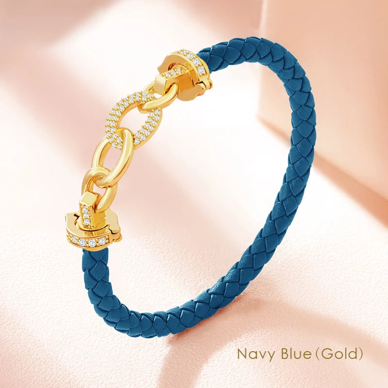 MOONLIGHT New Luxury Women's Zircon Ring Round Bracelet Genuine Braided Leather Bracelet for Woman Fashion Accessories 8 colors