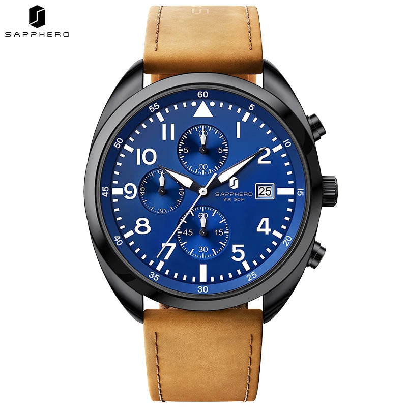 SAPPHERO Business Men's Watch Comfortable Leather Strap Water Resistant Watch with Illuminated Hands Chronograph Watch For Men