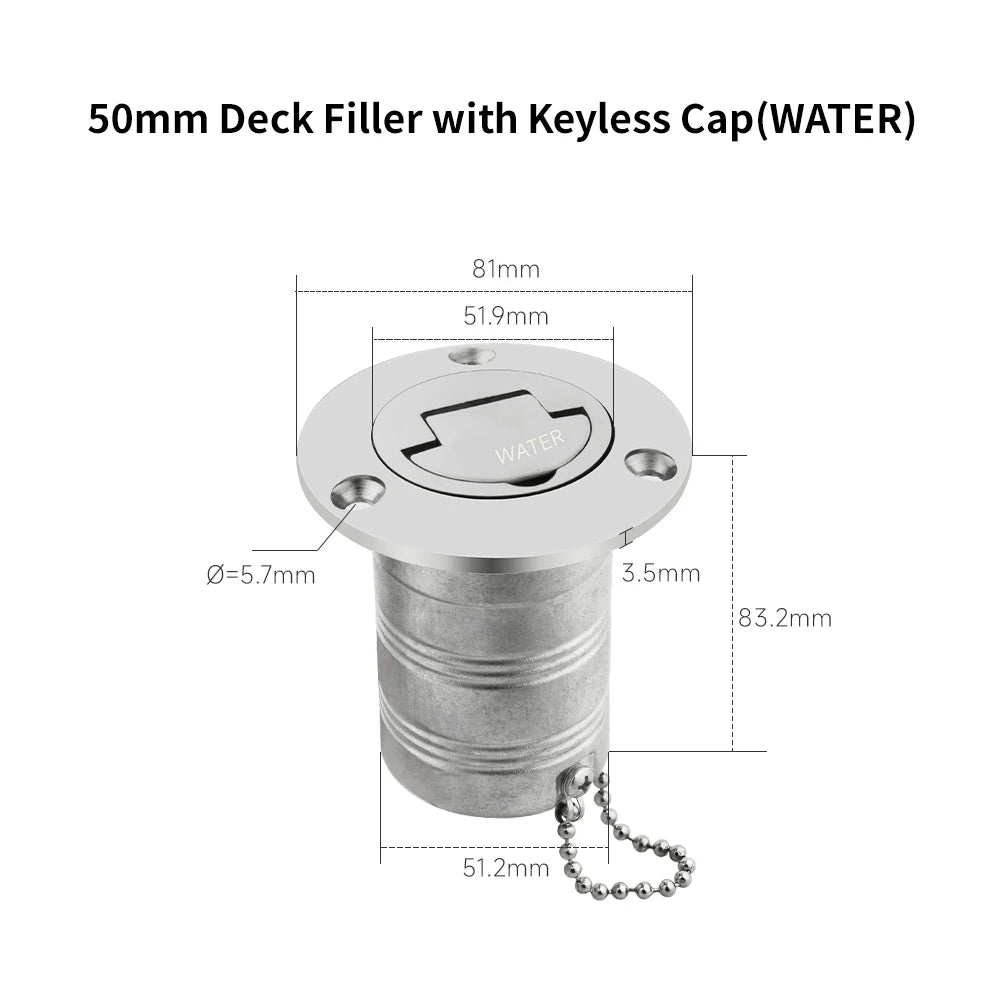 38/50mm 316 Stainless Steel Boat Deck Filler with Keyless Cap GAS DIESEL FUEL WASTE WATER Mirror Polish Marine Deck Filler Cap
