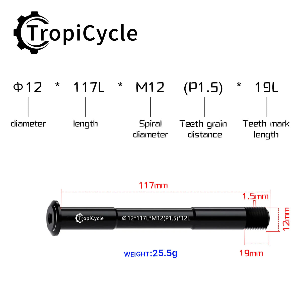 Tropicycle MTB Road Bike Thru Axle Front Fork Shaft Skewers M12x1.0 M12x1.5 12x142/162/174 12x100/110mm Aluminum alloy Bike Axle