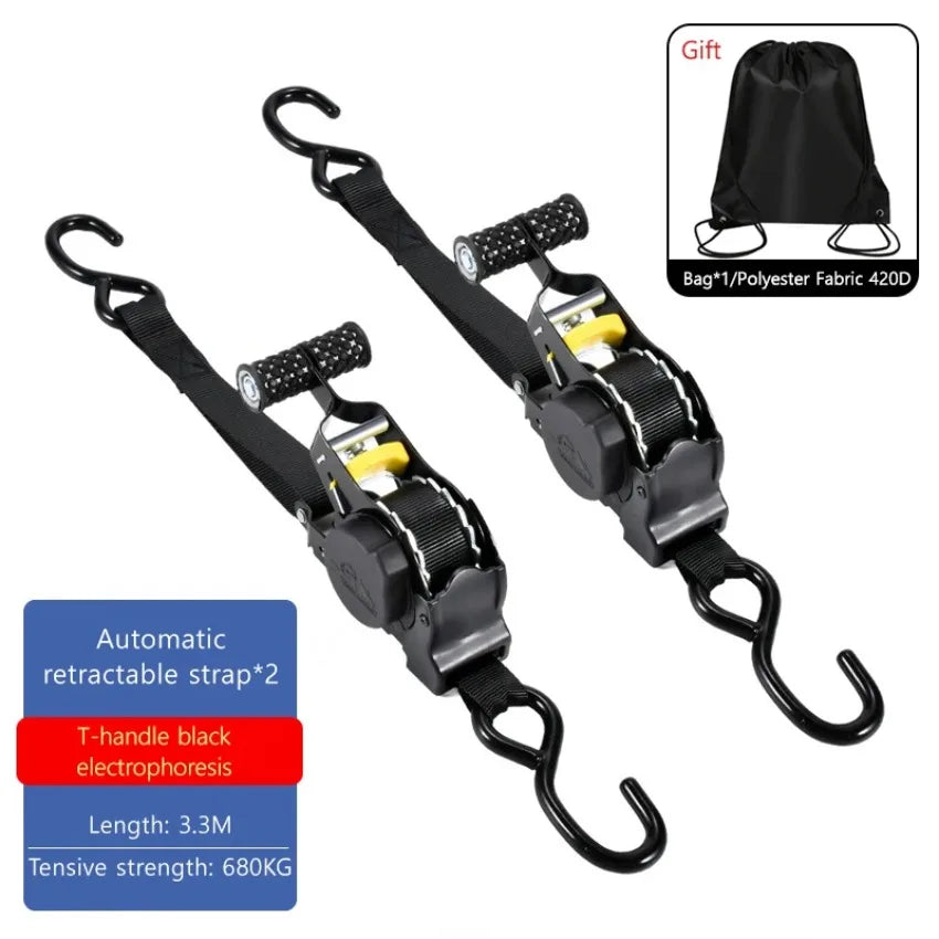 Automatic Retractable Ratchet Tie Down Strap 3.3m 680kg Quick Release, Black 1pc