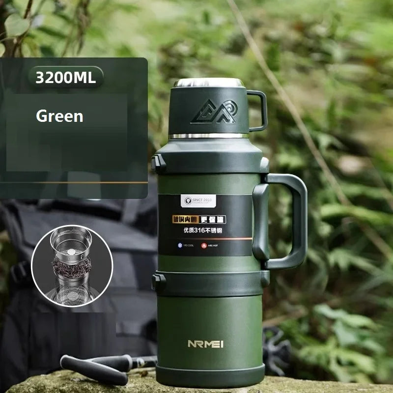 Insulated Stainless Steel Water Bottle with Handle, Black/Green 1.7L-3.2L Thermos