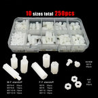 M3 Nylon Hex Standoff Spacer Assortment Kit with Screws Nuts, White, 250pcs/box