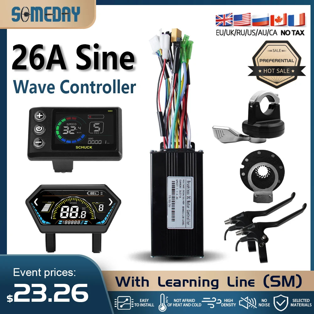 26A Ebike Sinawave Controller 24V/36V/48V Three-Mode Controller with Learning Function JN Color Display Wheel Hub Motor Parts