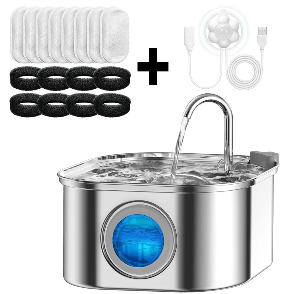 Transparent Window Cat Water Dispenser with sensor 3.2L/108oz Super Quiet& Pets Auto Filter Stainless Steel Cats Water Fountain