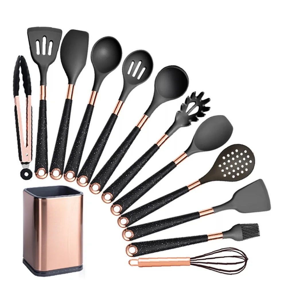 Silicone cooking utensils set with holder bucket, nonstick safe heat resistant, beige/black