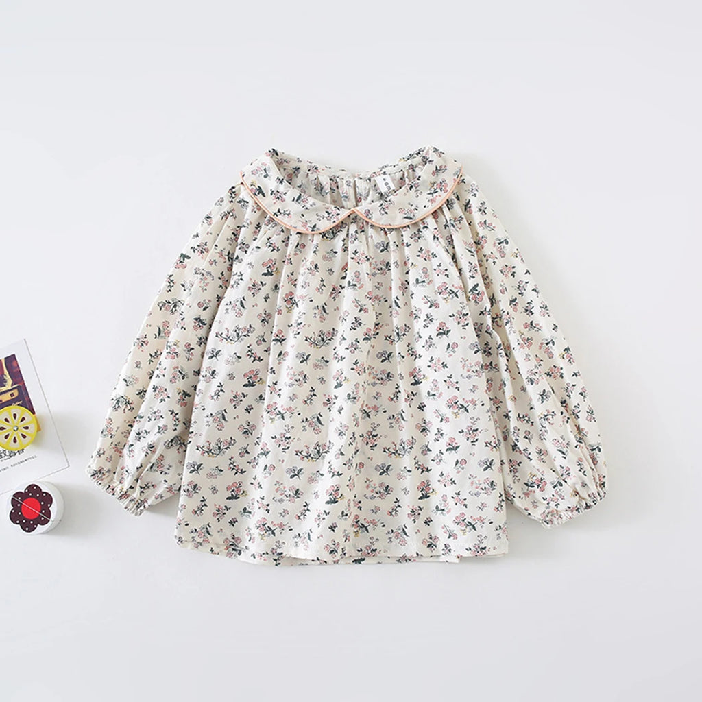Baby Girls Floral Long Sleeve Cotton Blouse with Peter Pan Collar, Beige/Light Yellow