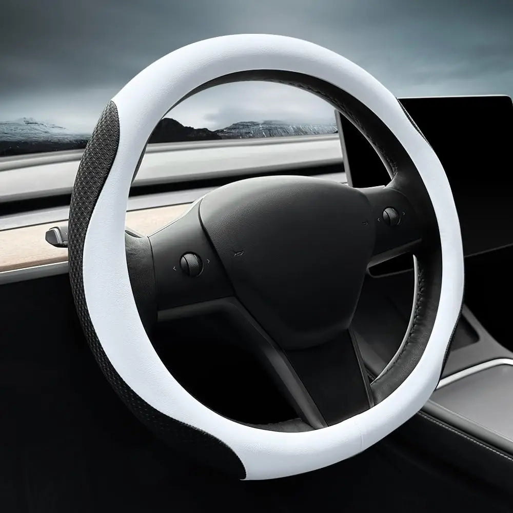 Steering Wheel Cover Protector for Tesla Model 3/Y 2016-2025 2026 Juniper/Highland Non-Slip Breathable White Premium Leather