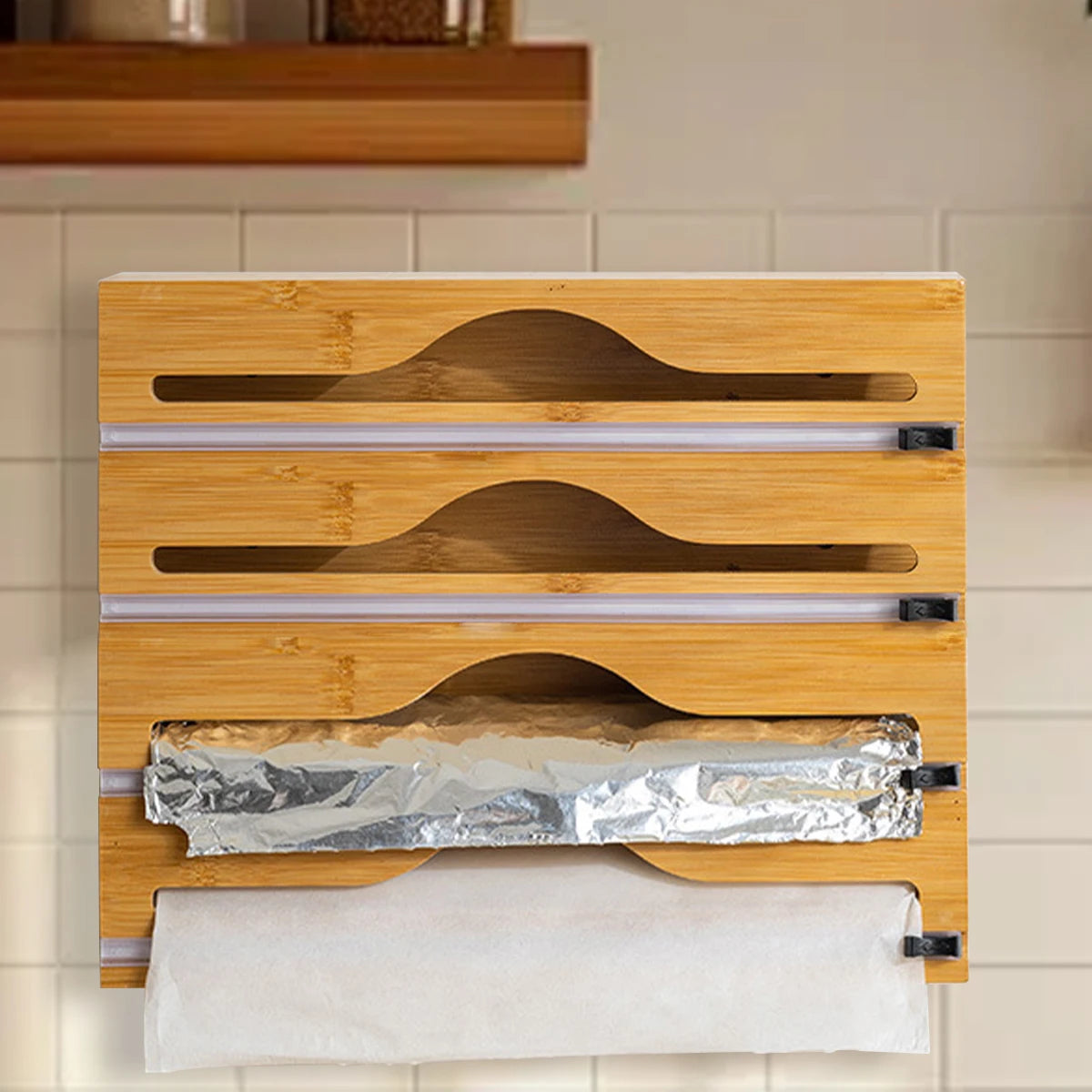 1pc Kitchen Wrap Dispenser With Foil & Cling Film Cutter Box, Bamboo Fresh Bag Cutting Holder, Trash Bag & Plastic Bag Wooden St