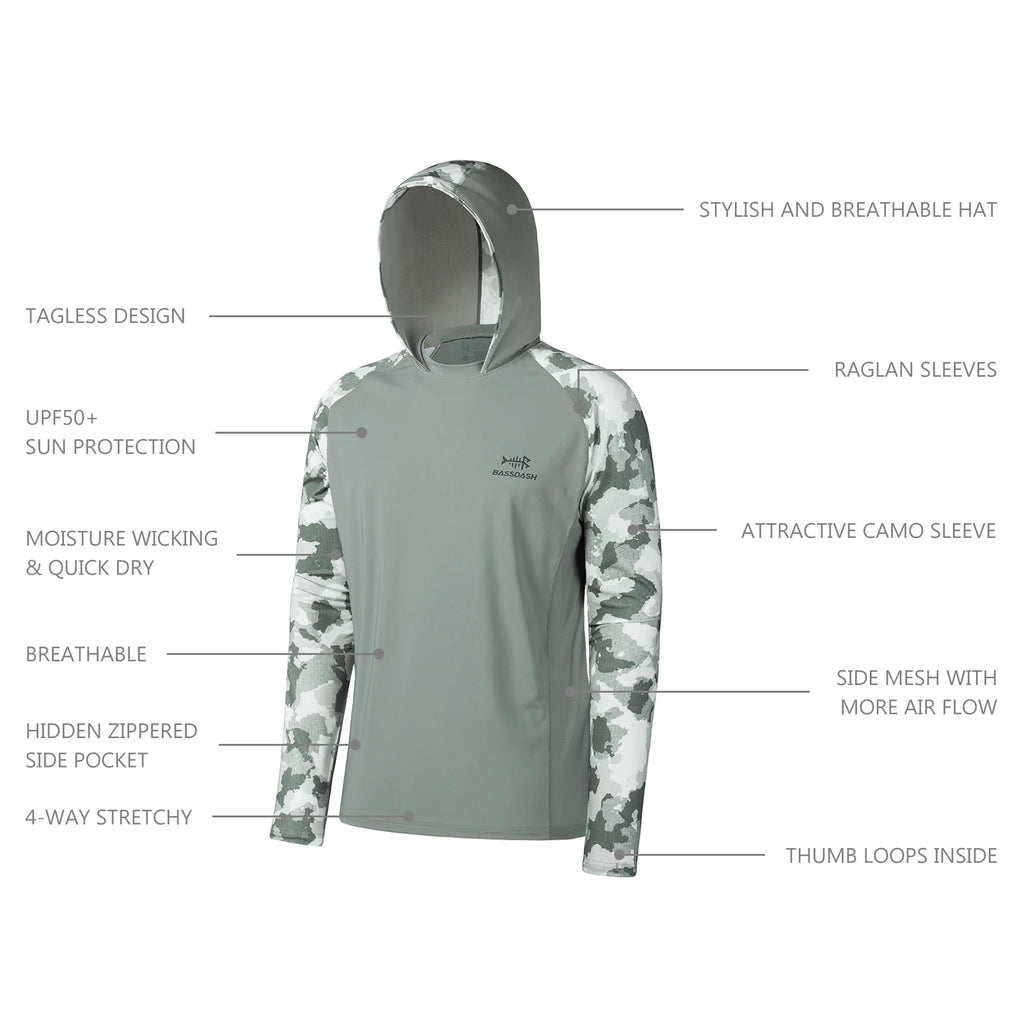 Bassdash Men’s UPF 50 Performance Fishing Shirt Cooling Hoodie Camo Long Sleeve  FS17M