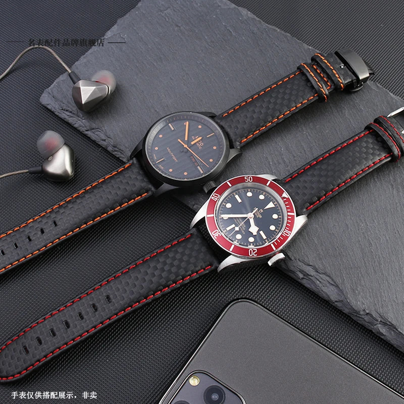 Carbon Fiber Pattern Leather Watch Strap 18mm 20mm 21mm 22mm 23mm 24mm Black Red Orange Stitching Watchband Bracelet Wristband