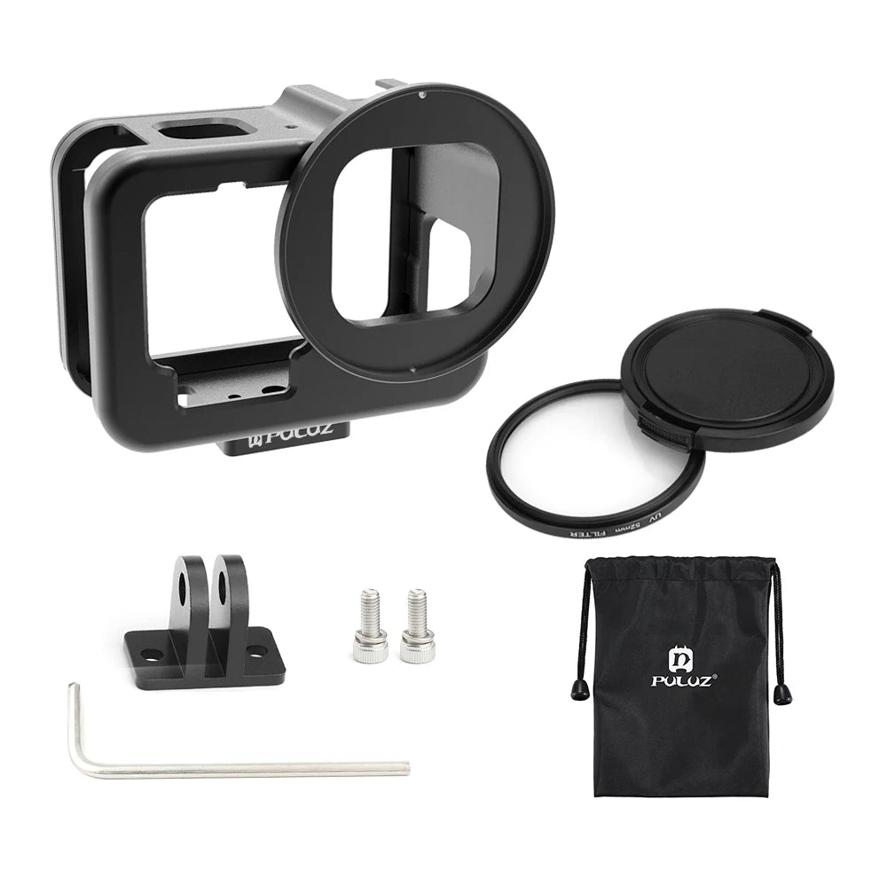 PULUZ for GoPro HERO12 11 Black 10 9 Black Thicken Housing Shell CNC Aluminum Alloy Protective Cage with Frame & 52mm UV Lens