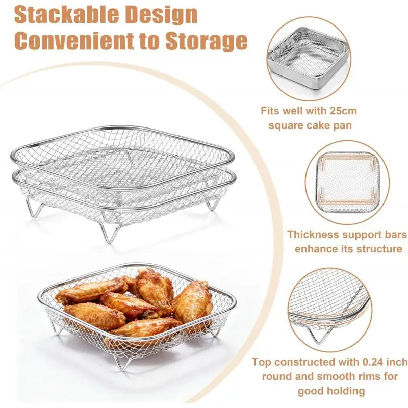 3-piece square air fryer basket set, stackable stainless steel air fryer basket accessories, deep dehydration rack, dishwasher
