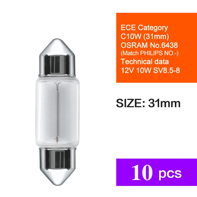 Car Signal Lamp 10pcs OSRAM C3W C5W C10W 12V SV7-8 6411 6438 6428 6418 12844 12866 Reading light Interior Halogen Bulbs