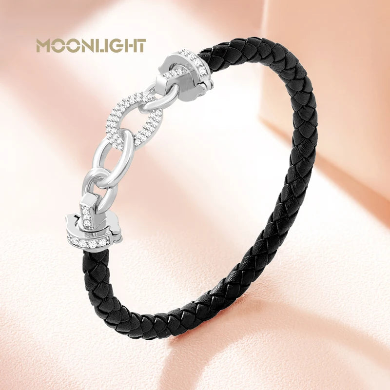 MOONLIGHT New Luxury Women's Zircon Ring Round Bracelet Genuine Braided Leather Bracelet for Woman Fashion Accessories 8 colors