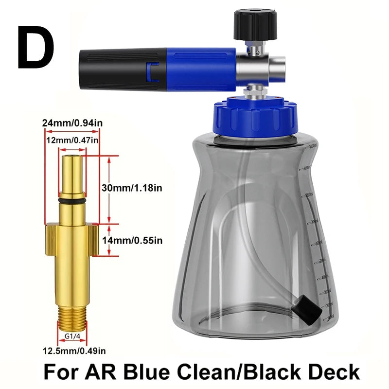 Stylish blue-black foam cannon, 1/4" quick-connect fitting, leak-proof lid air valve, for Karcher Elitech Bort AR Bosch