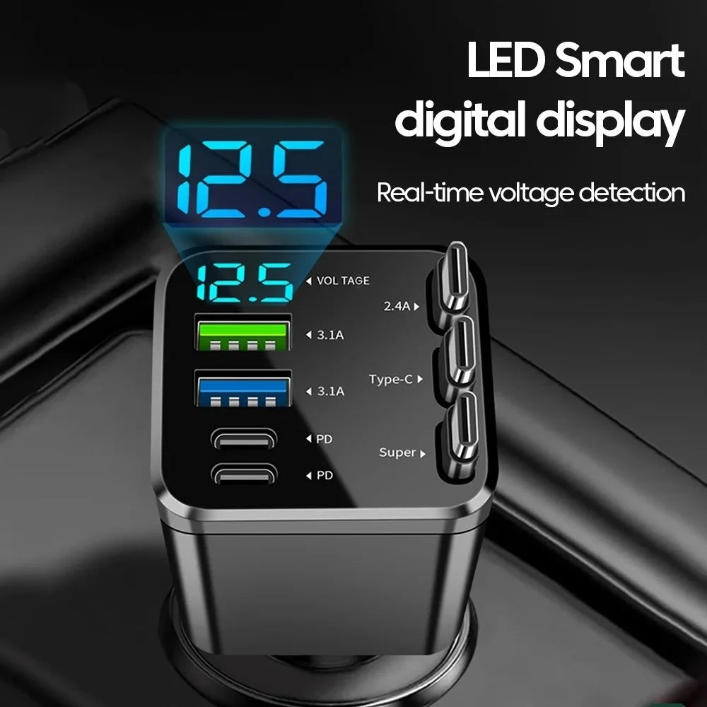 7 in 1 Retractable USB Car Charger Fast Charging Car Phone Charger For iPhone Samsung Xiaomi Type C Digital Display Car Charger