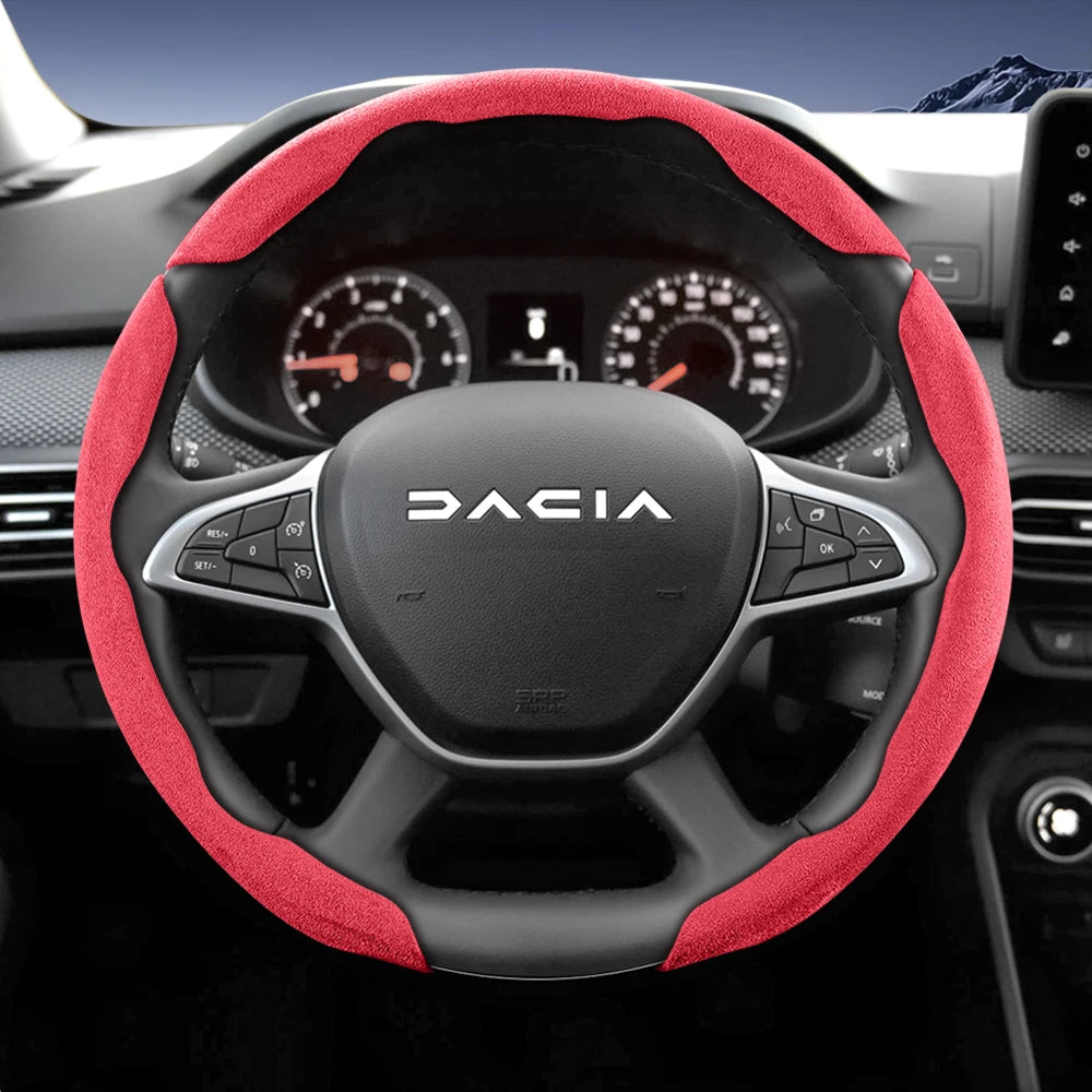 Suitable for Dacia Sports Suede Steering Wheel Cover, Split Snap-On Anti-Slip Style, for Models Such as Sandero Stepway, Duster, Jogger, Bigster, Spring, Electric, Cargo, Logan, Etc., in Black, Brown, Mocha, and Red Co