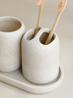 5Pcs athroom Accessories set  Lotion Dispenser Toothbrush Holder Tray Tumbler Cup Soap Dish Beige and Grey