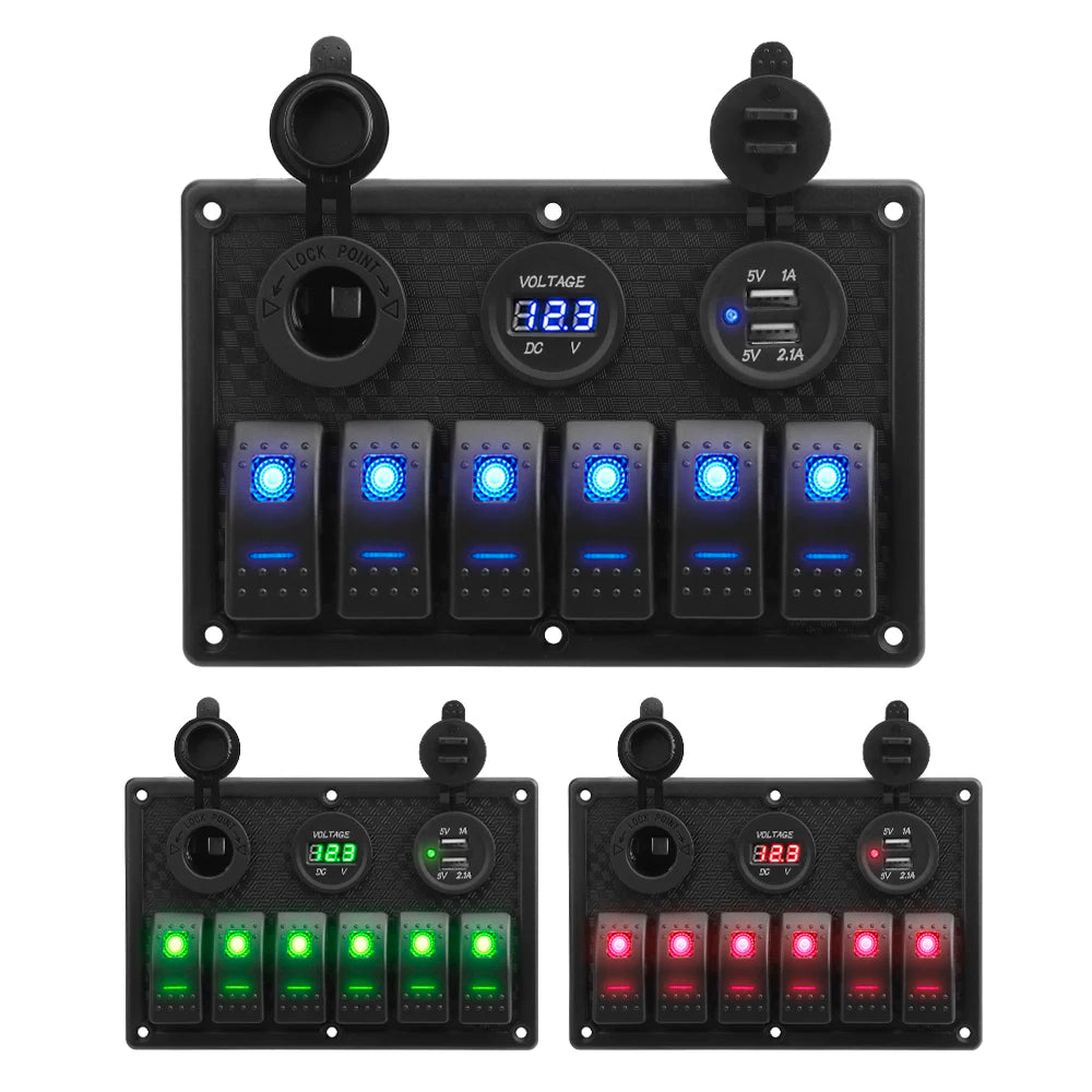 4.2A Dual USB Slot Socket 6 Gang Rocker Switch Panel Digital Voltage Display for Marine Boat Car Rv Vehicles Truck Yacht