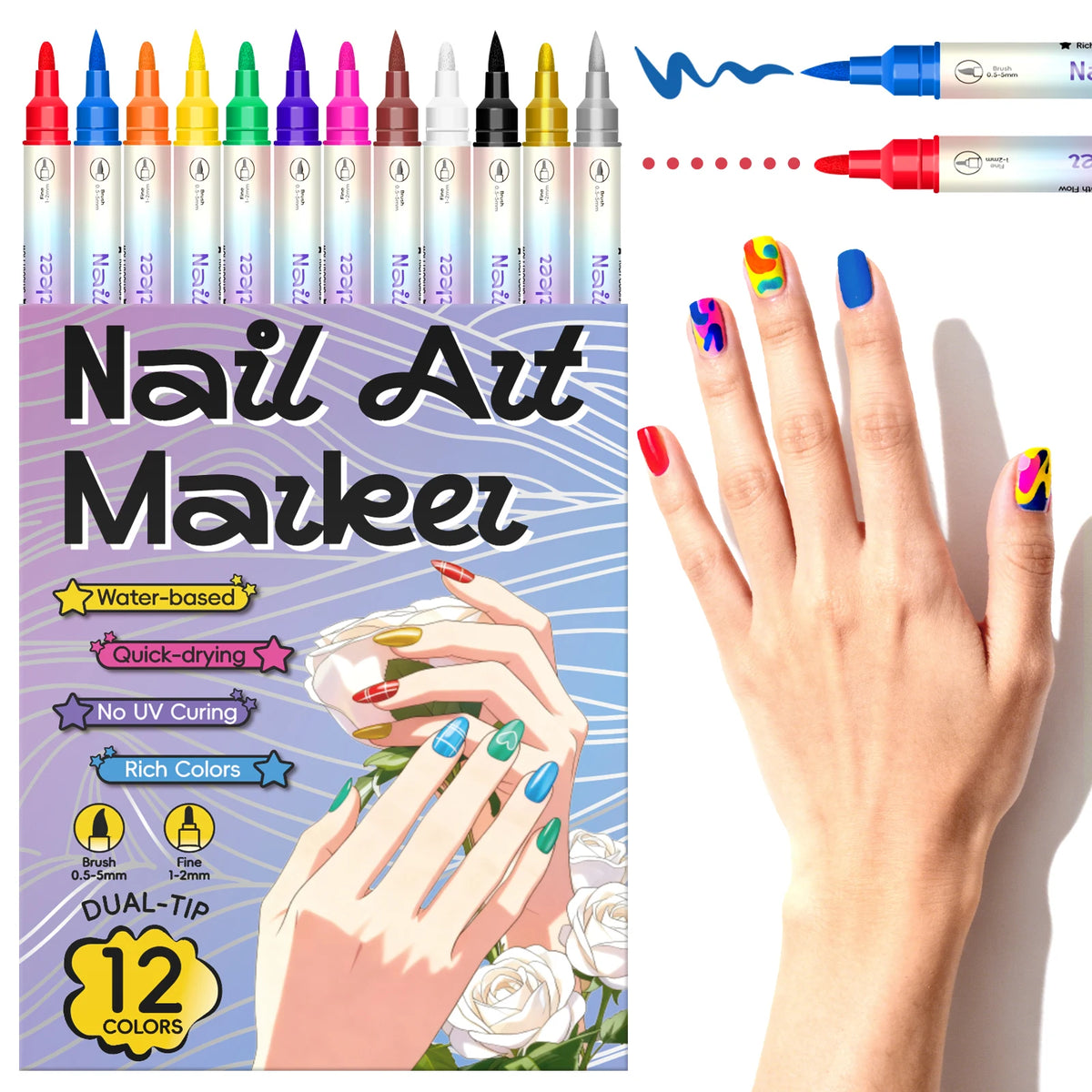 12 Color Nail Art Pens,0.5MM Nail Polish Pens Drawing Painting Point Liner Acrylic Painted Pen Kit, Waterproof and Quick-drying