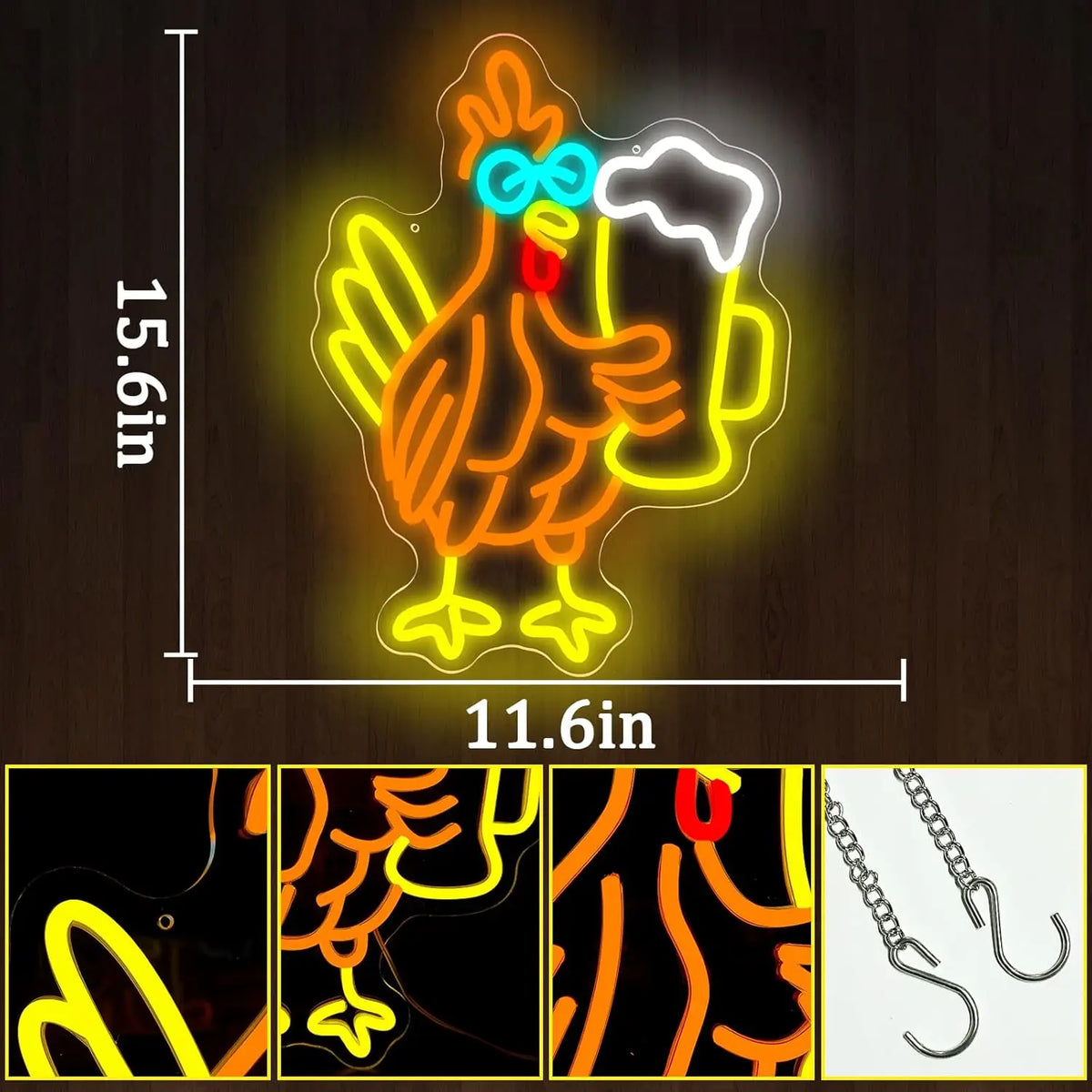 Beer Cock Neon Sign Funny Rooster Neon Light for Man Cave Dimmable Beer Cocktail Bar Pub Club Birthday Christmas Wall Decor Gift